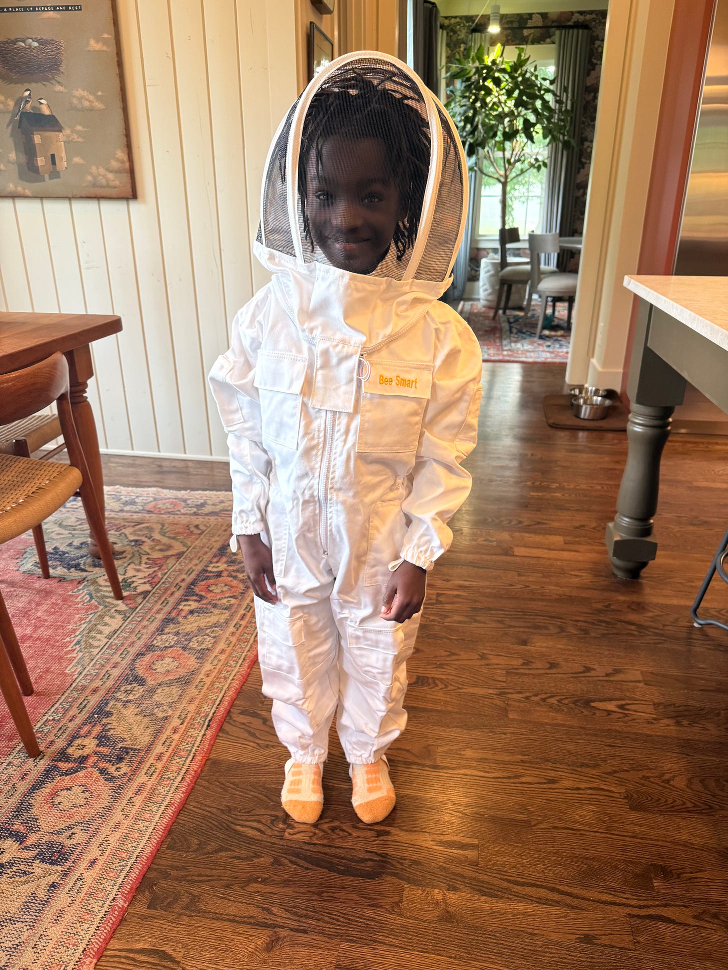 child in bee suit